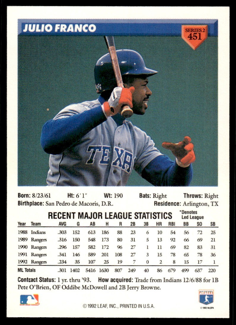 1993 Donruss Baseball Card Julio Franco Texas Rangers #451