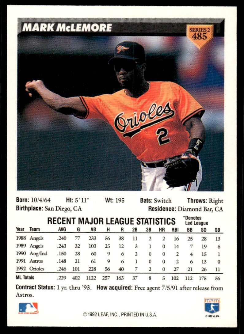 1993 Donruss Baseball Card Mark McLemore Baltimore Orioles #485