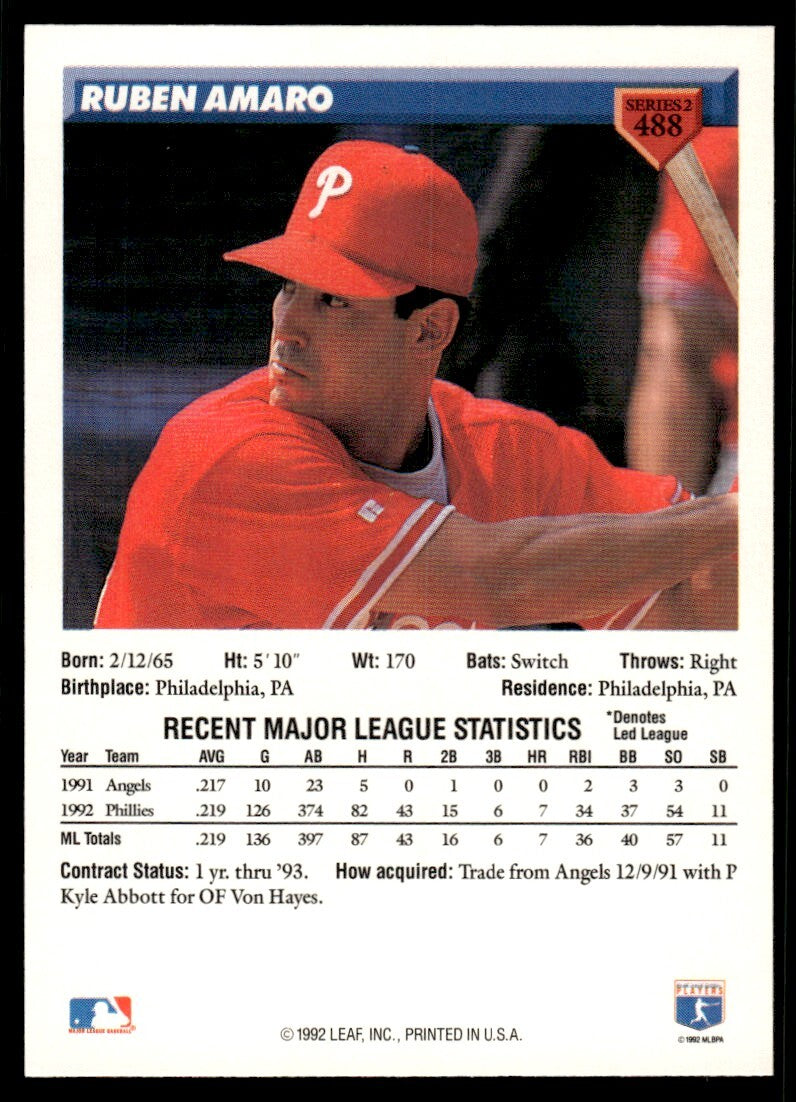 1993 Donruss Baseball Card Ruben Amaro Philadelphia Phillies #488