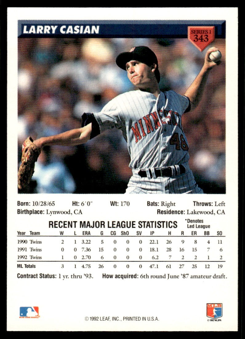 1993 Donruss Baseball Card Larry Casian Minnesota Twins #343
