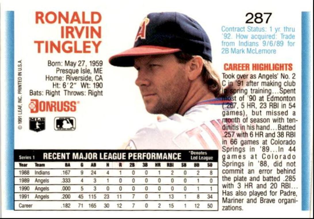 1992 Donruss Ron Tingley California Angels #287