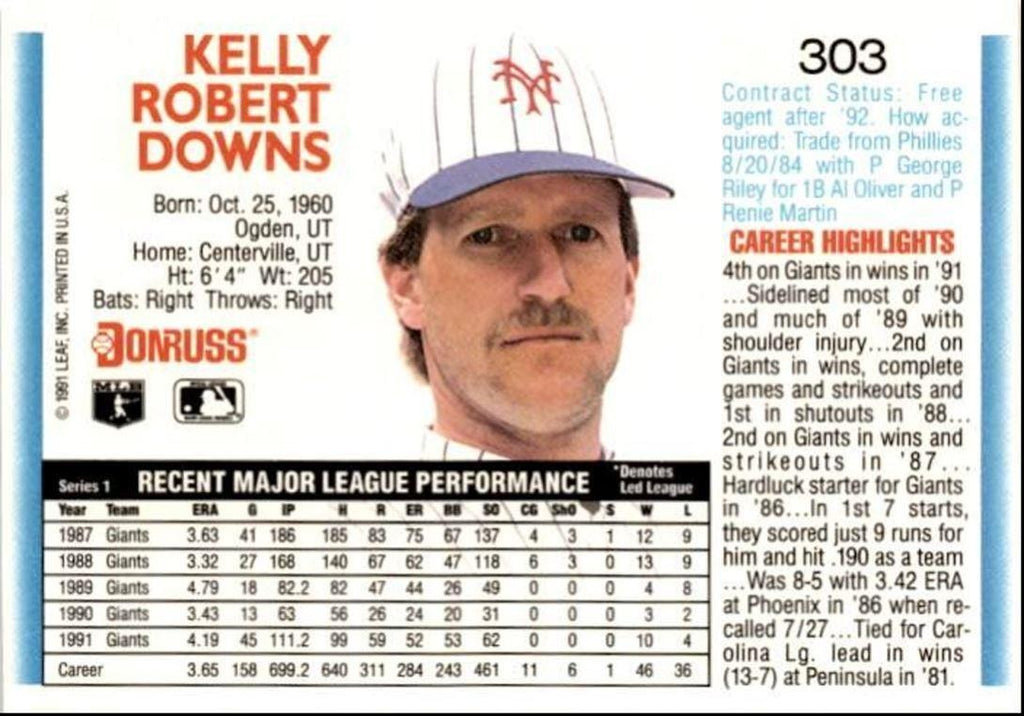 1992 Donruss Kelly Downs San Francisco Giants #303