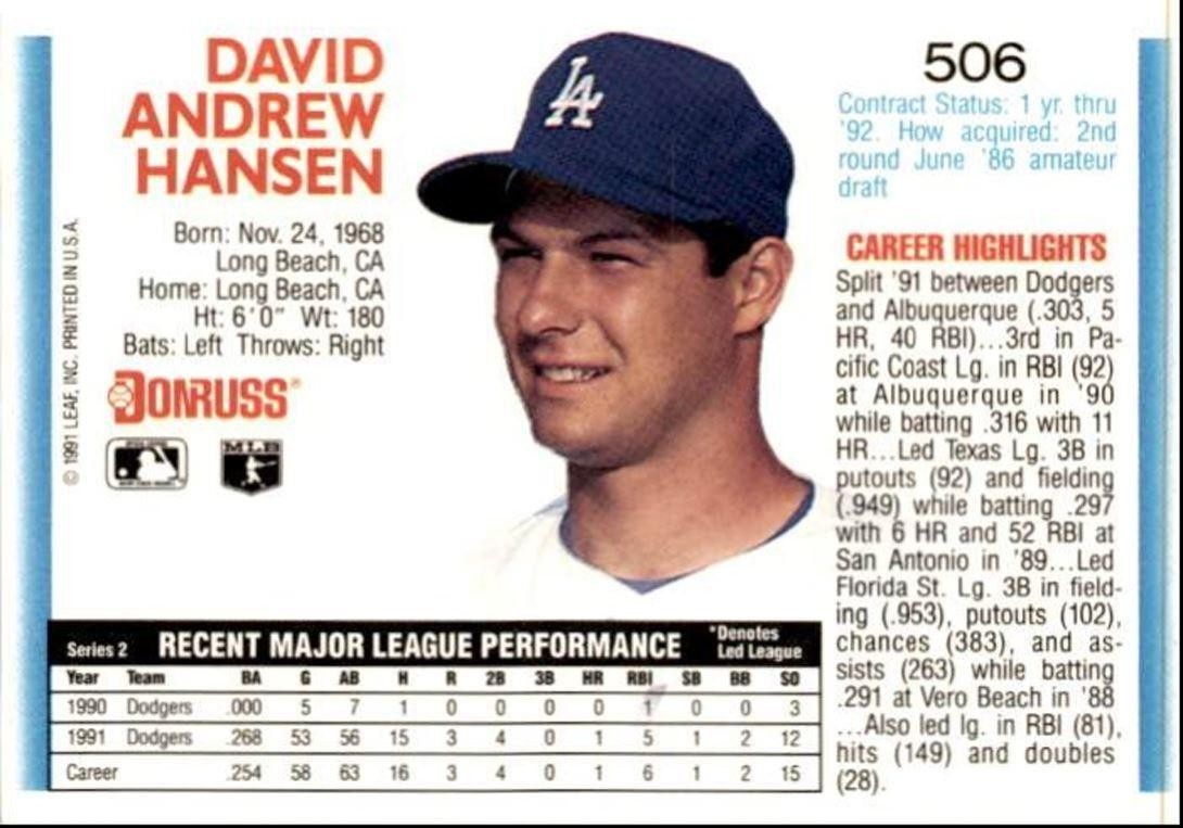 1992 Donruss Dave Hansen Los Angeles Dodgers #506