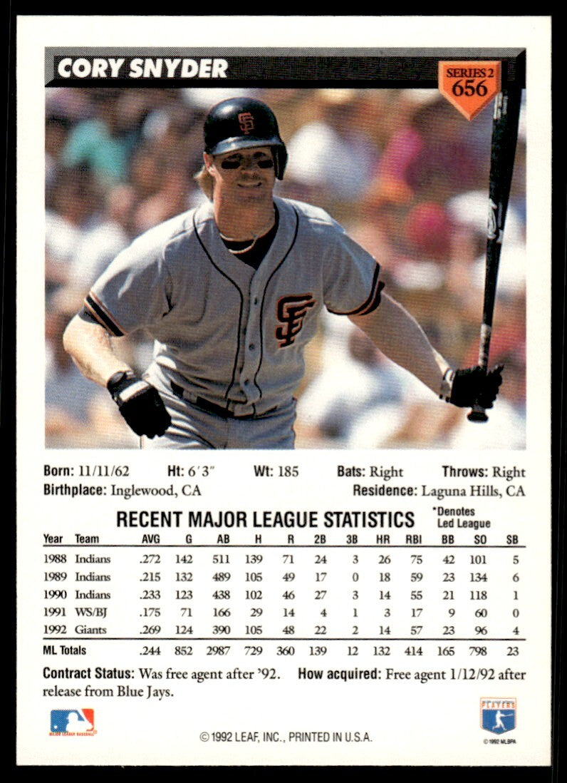 1993 Donruss Baseball Card Cory Snyder San Francisco Giants #656