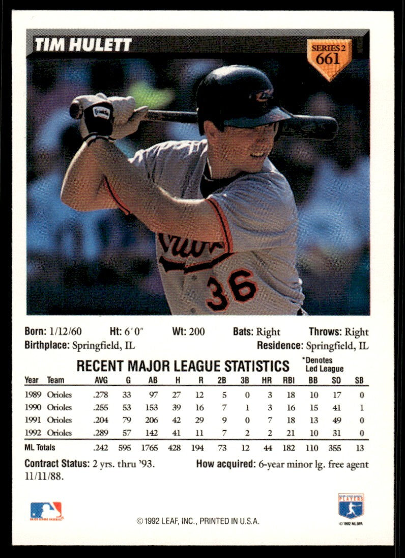 1993 Donruss Baseball Card Tim Hulett Baltimore Orioles #661
