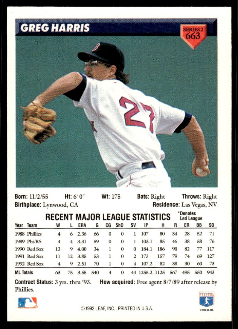 1993 Donruss Baseball Card Greg Harris Boston Red Sox #663