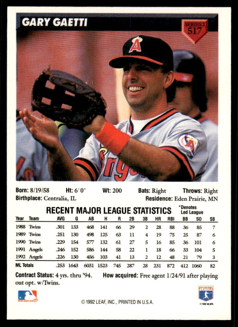 1993 Donruss Baseball Card Gary Gaetti California Angels #517