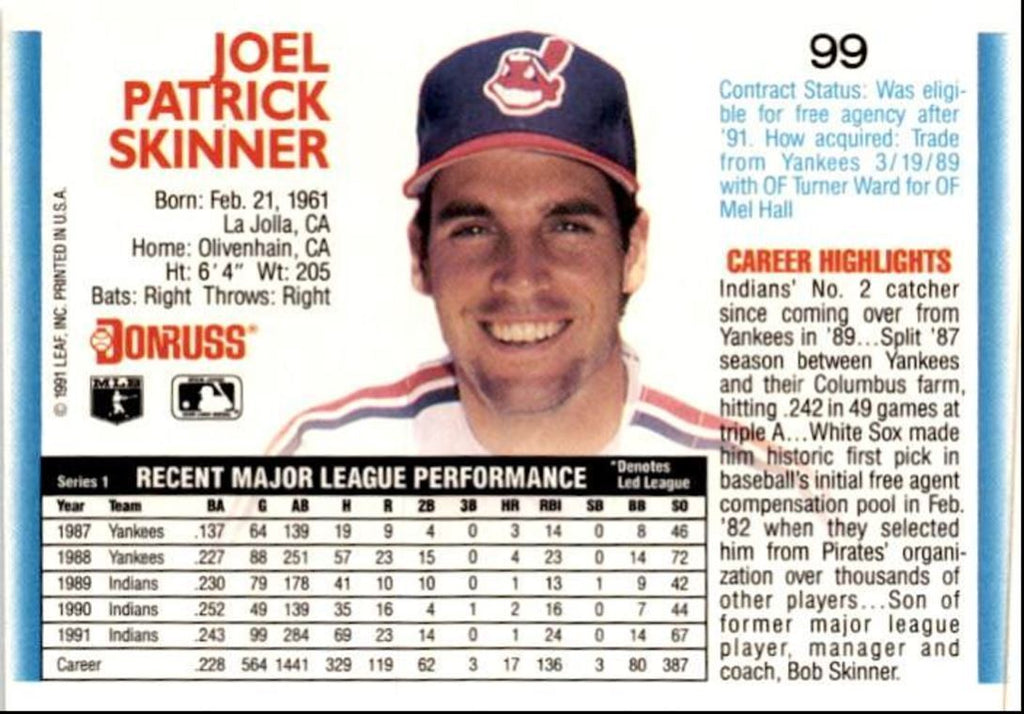 1992 Donruss Joel Skinner Cleveland Indians #99