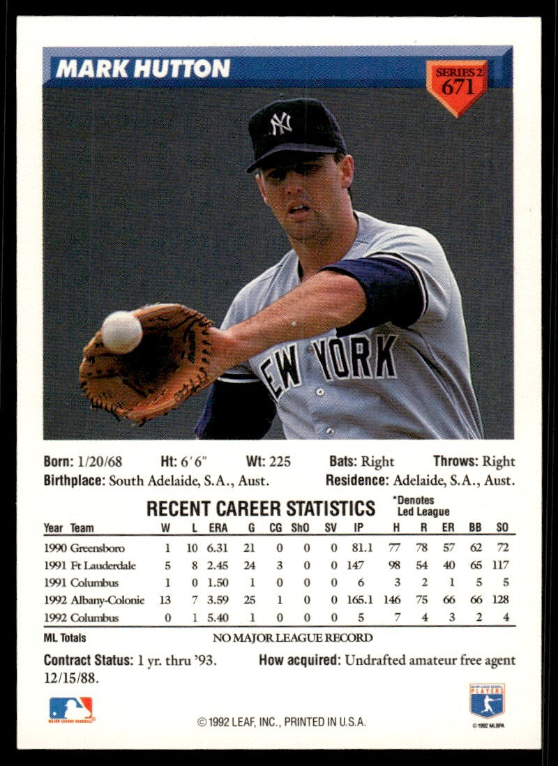 1993 Donruss Baseball Card Mark Hutton New York Yankees #671