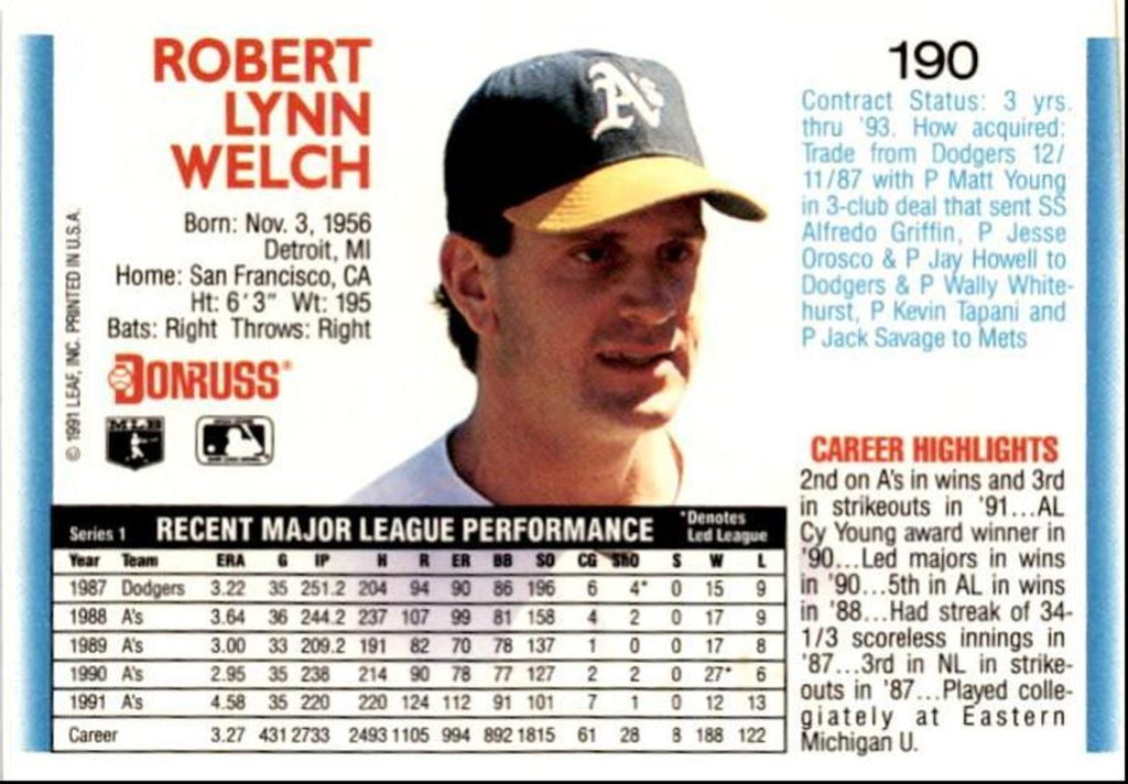 1992 Donruss Bob Welch Oakland Athletics #190