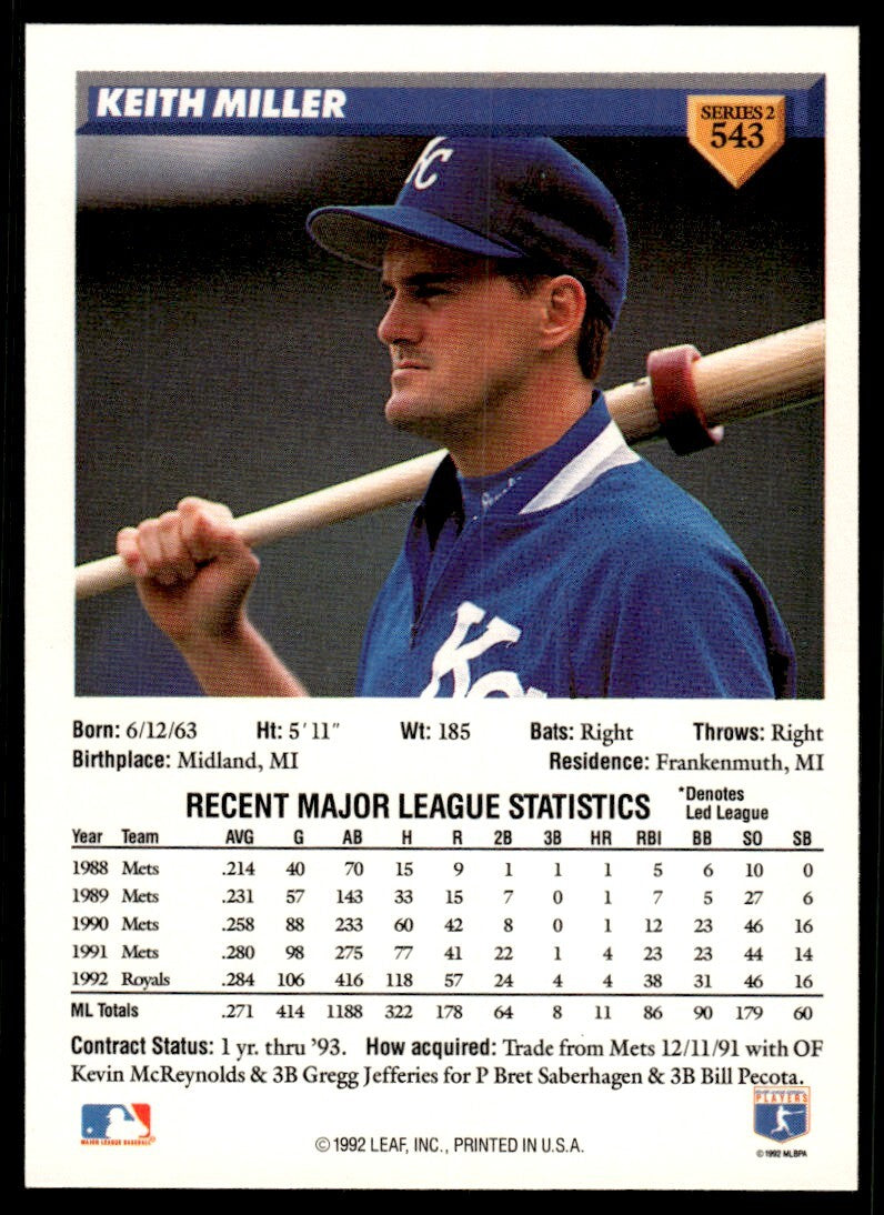 1993 Donruss Baseball Card Keith Miller Kansas City Royals #543