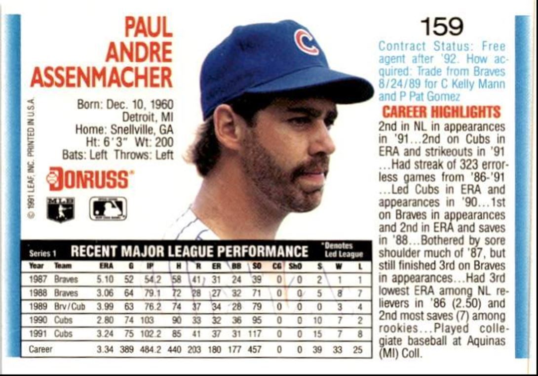 1992 Donruss Paul Assenmacher Chicago Cubs #159