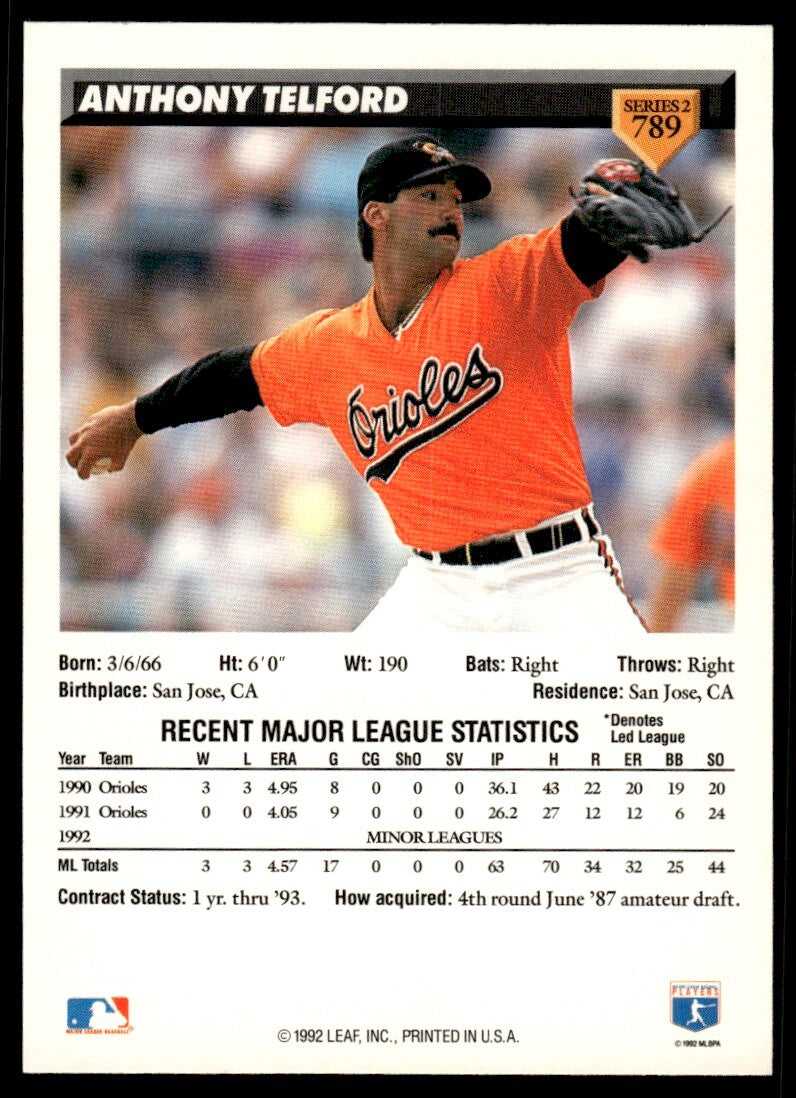 1993 Donruss Baseball Card Anthony Telford Baltimore Orioles #789