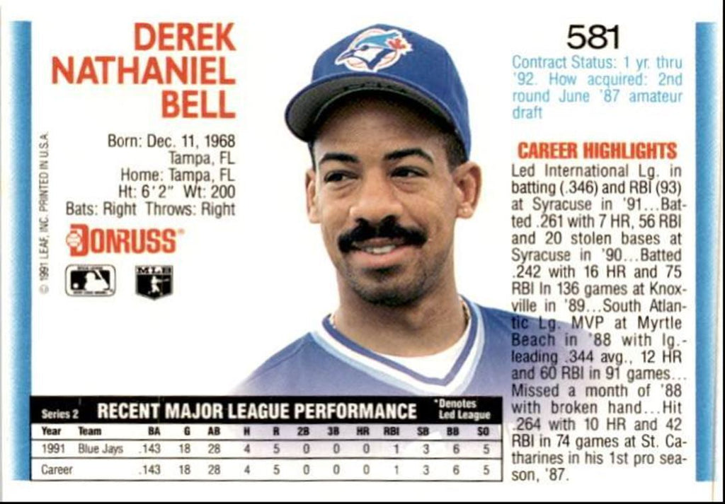 1992 Donruss Derek Bell Toronto Blue Jays #581