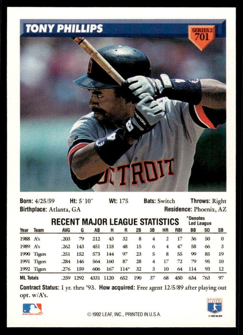 1993 Donruss Baseball Card Tony Phillips Detroit Tigers #701