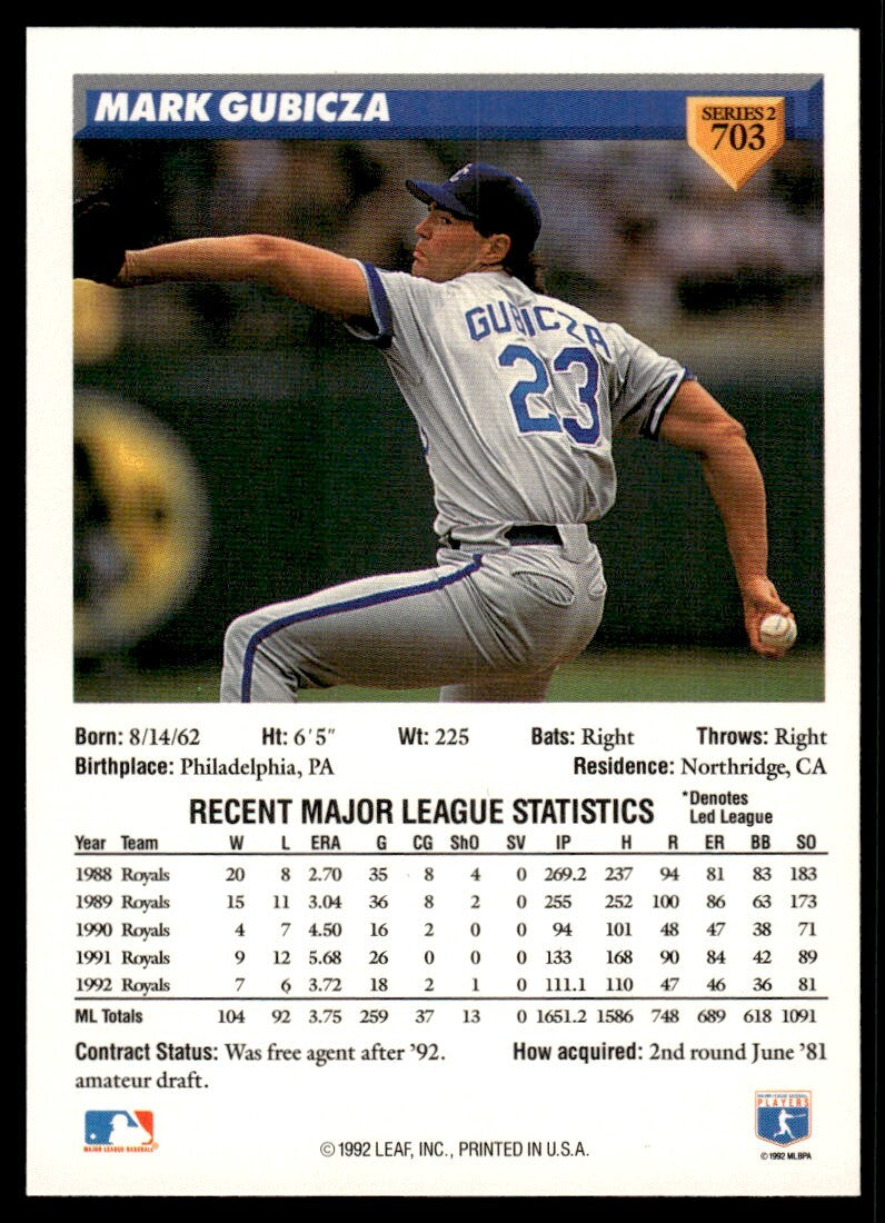 1993 Donruss Baseball Card Mark Gubicza Kansas City Royals #703
