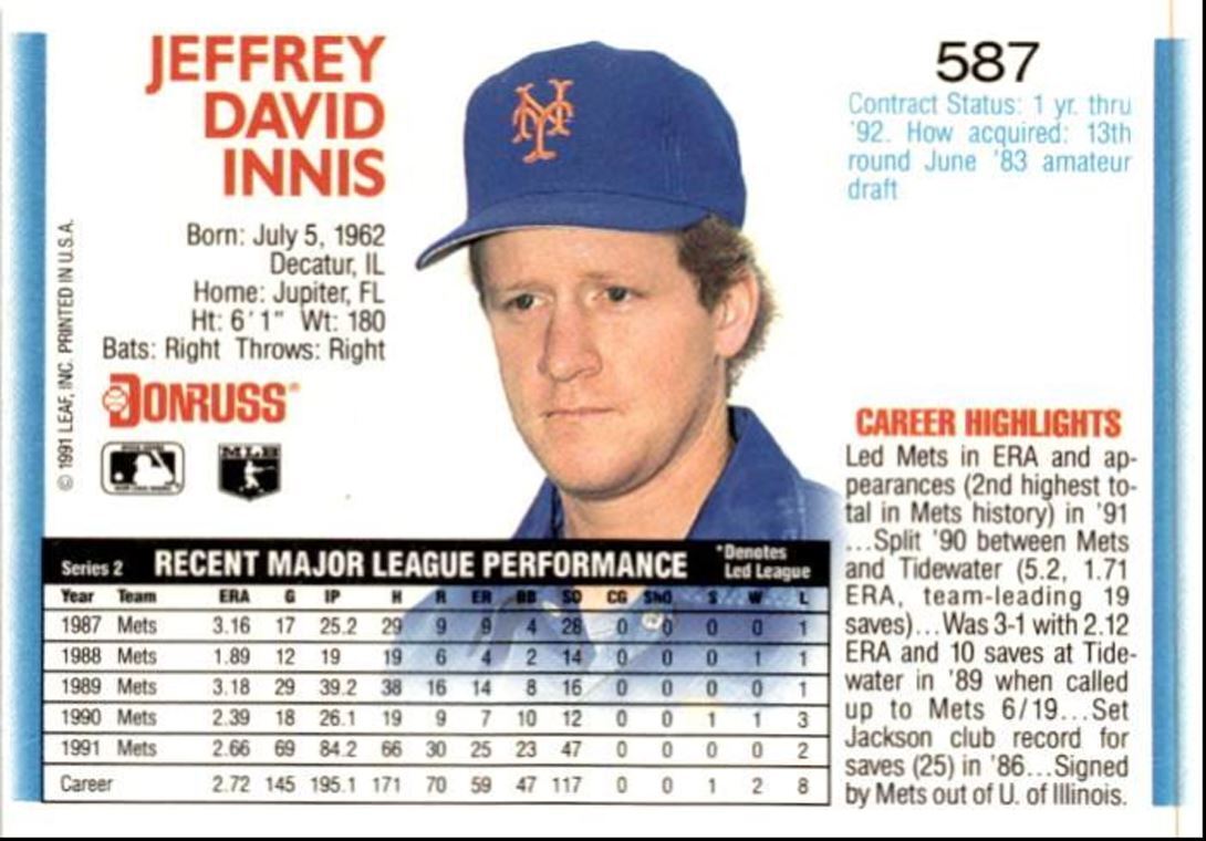 1992 Donruss Jeff Innis New York Mets #587