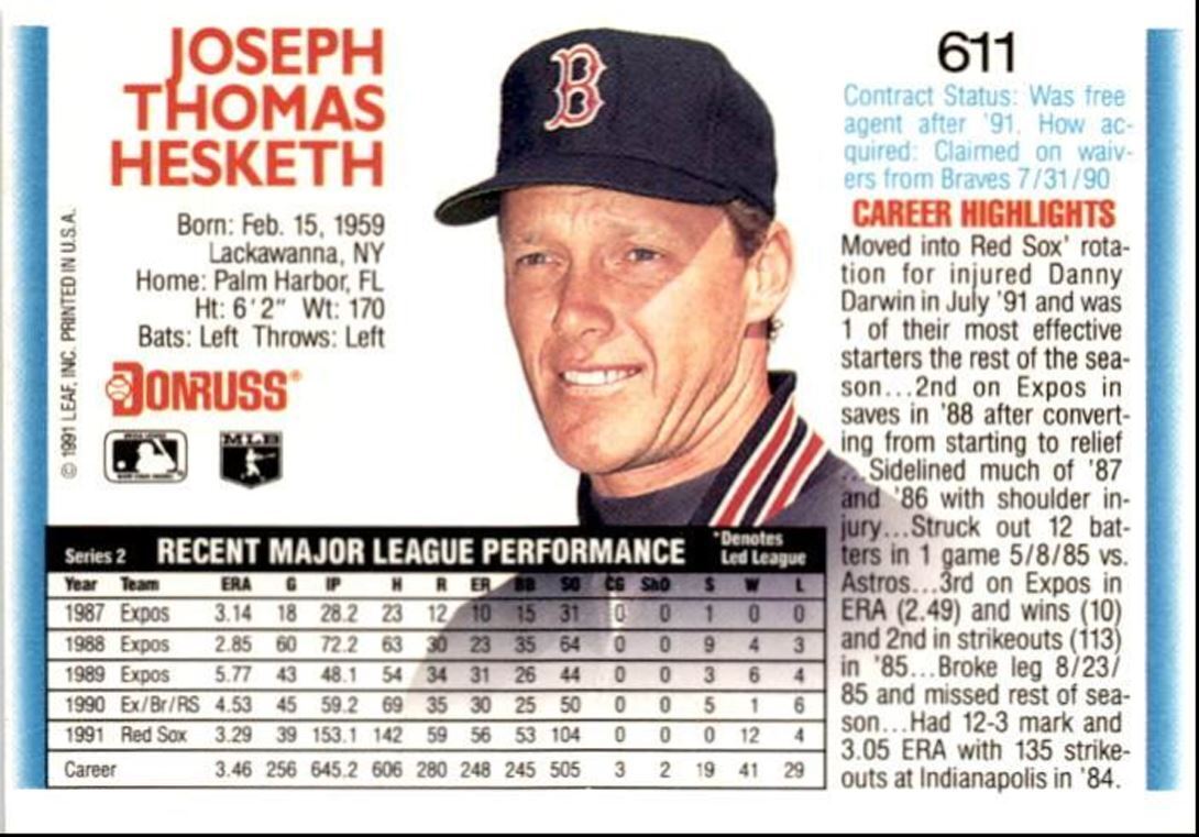 1992 Donruss Joe Hesketh Boston Red Sox #611