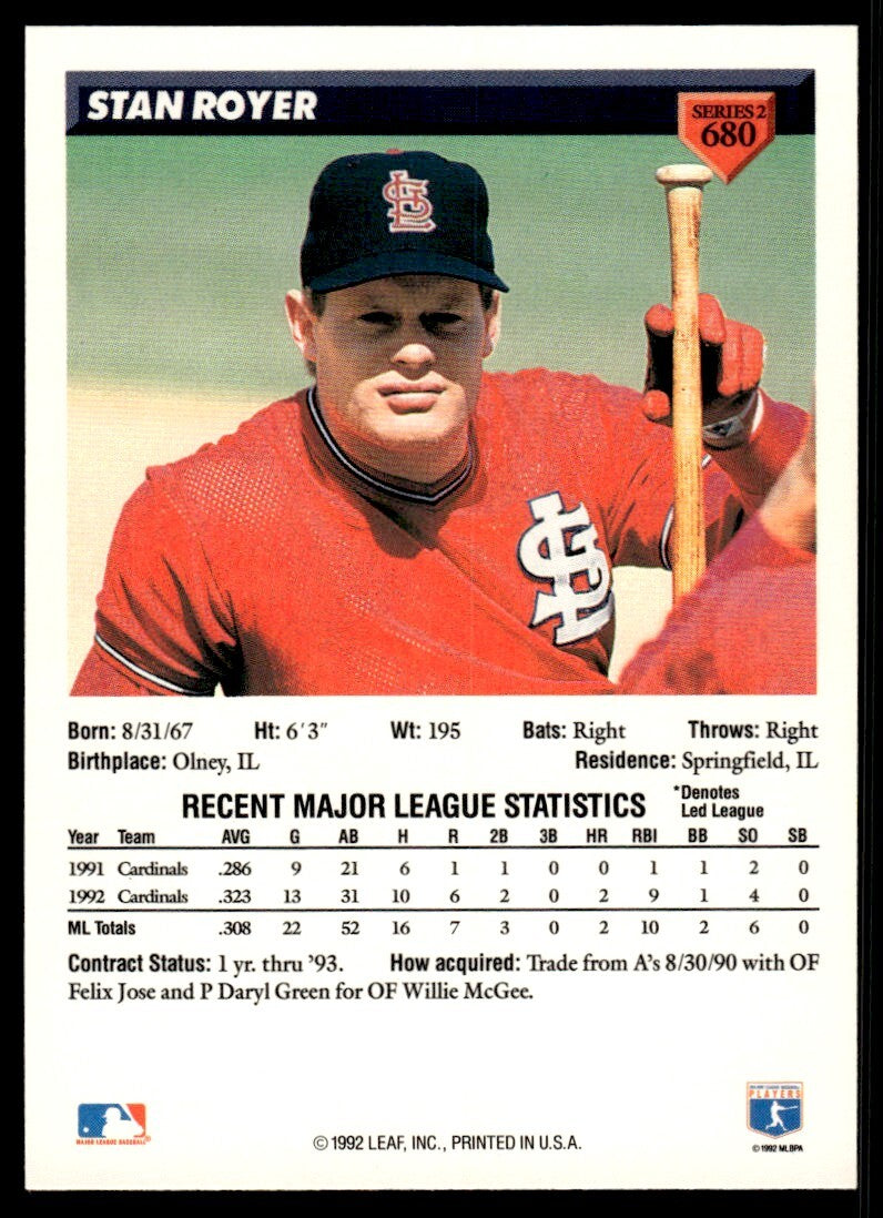 1993 Donruss Baseball Card Stan Royer St. Louis Cardinals #680