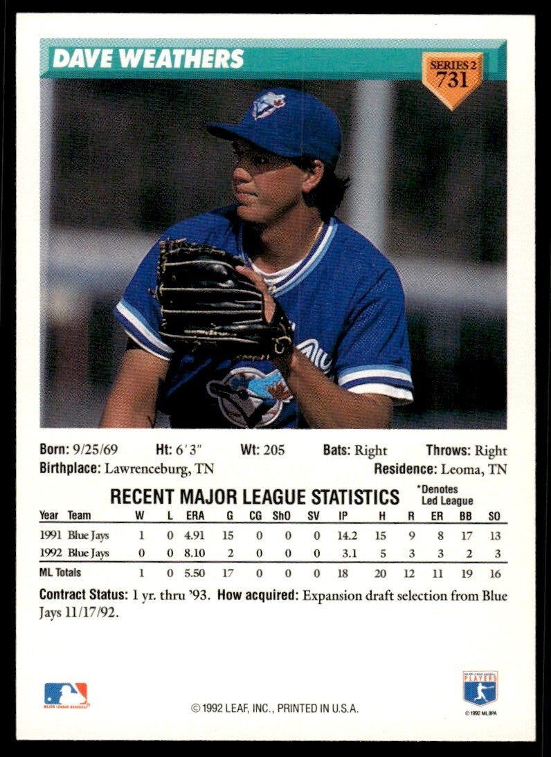 1993 Donruss Baseball Card Dave Weathers Florida Marlins #731