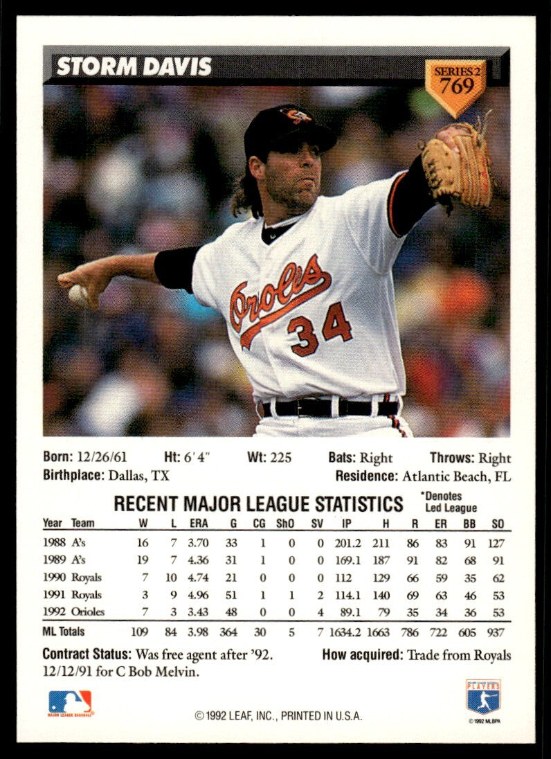 1993 Donruss Baseball Card Storm Davis Baltimore Orioles #769