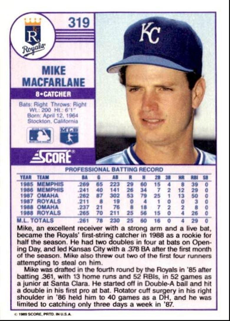 1989 Score Baseball Card Mike Macfarlane Kansas City Royals #319