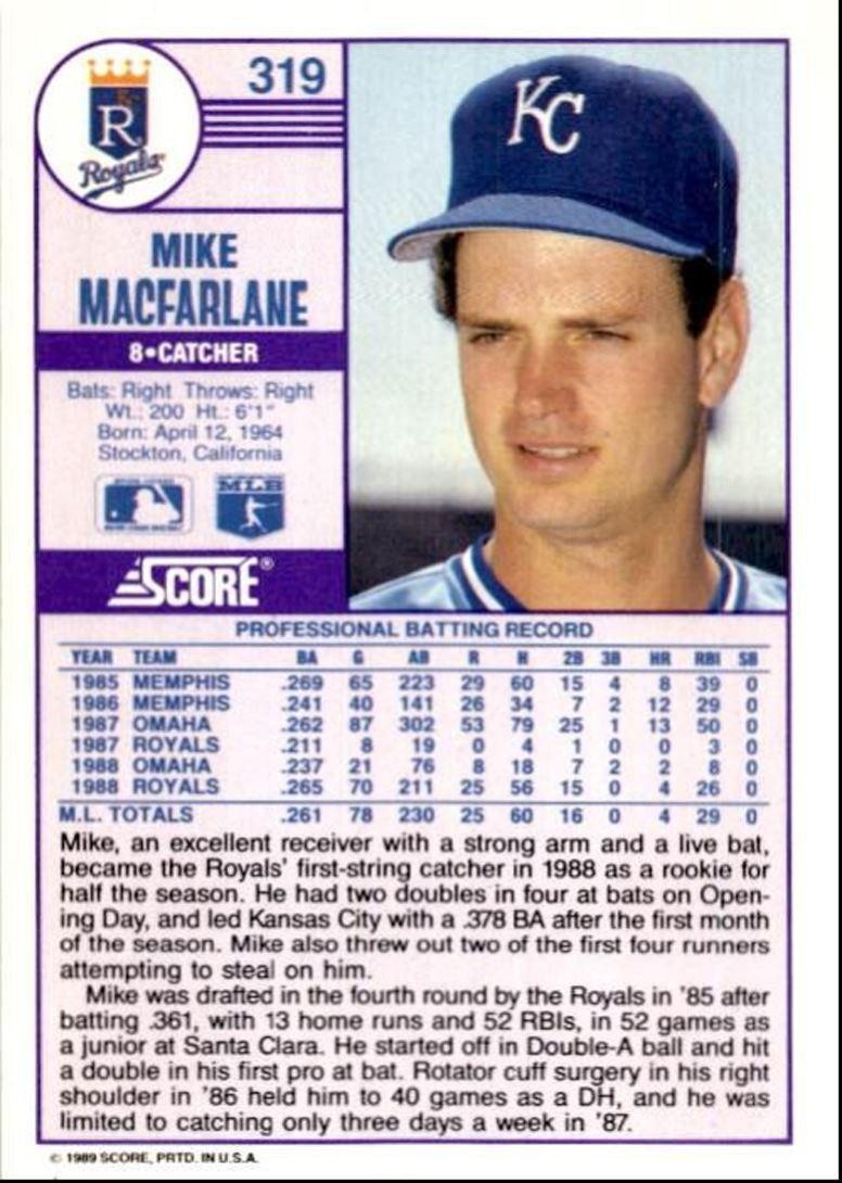 1989 Score Baseball Card Mike Macfarlane A Kansas City Royals #319
