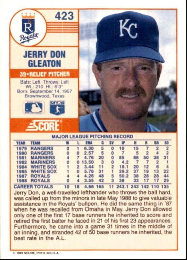 1989 Score Baseball Card Jerry Don Gleaton A Kansas City Royals #423
