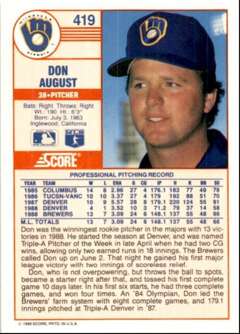 1989 Score Baseball Card Don August Milwaukee Brewers #419