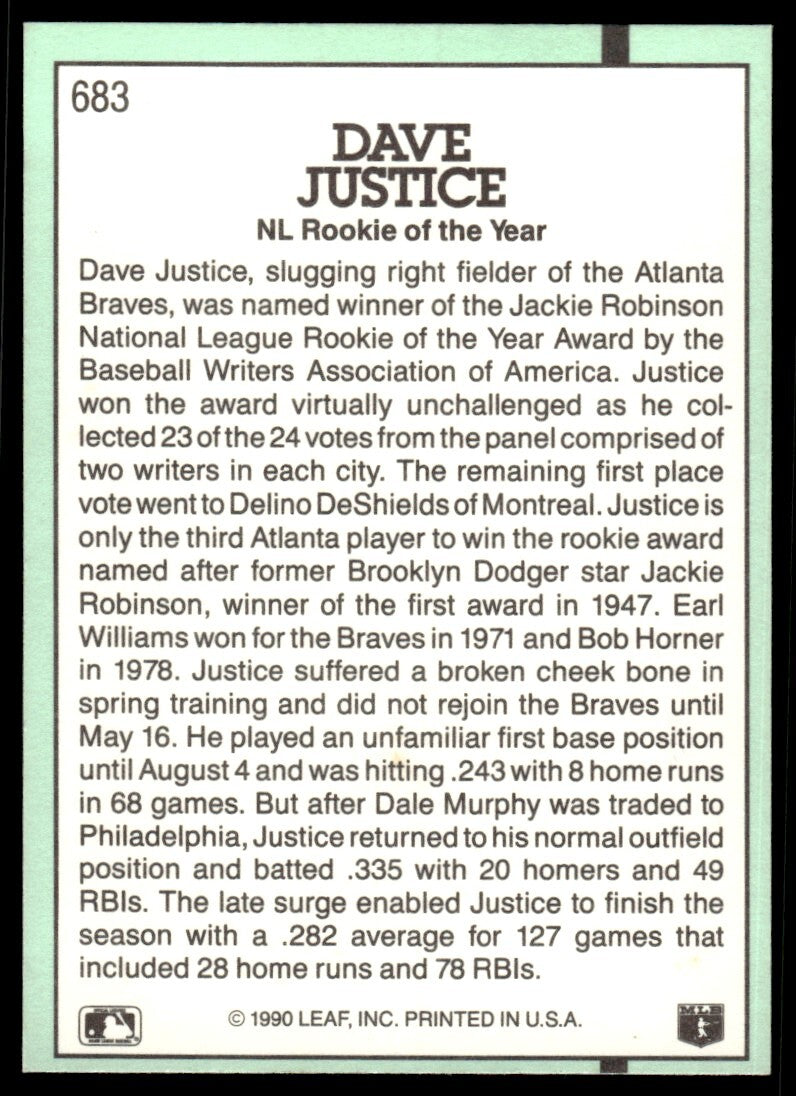1991 Donruss Baseball Card Dave Justice A Atlanta Braves #683