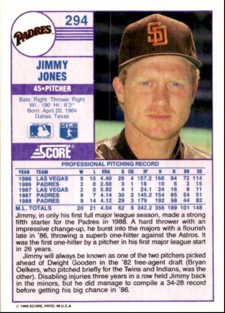 1989 Score Baseball Card Jimmy Jones San Diego Padres #294