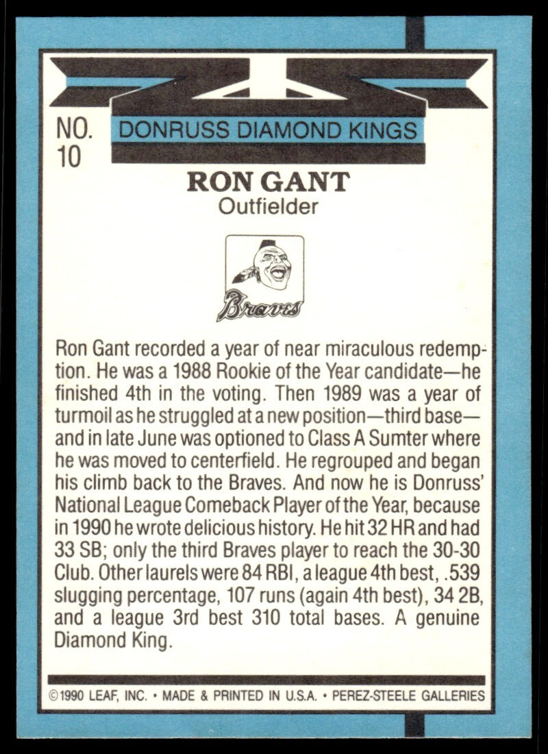 1991 Donruss Baseball Card Ron Gant Atlanta Braves #10