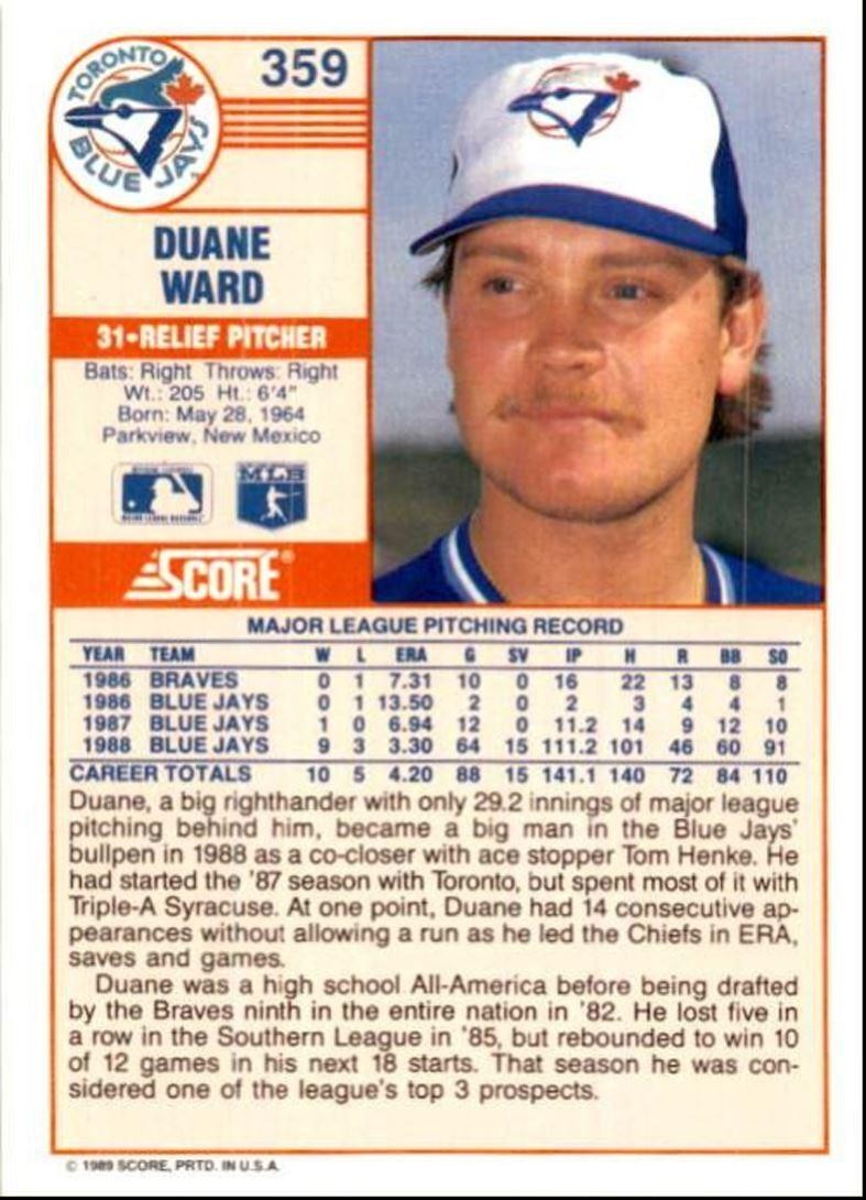 1989 Score Baseball Card Duane Ward Toronto Blue Jays #359