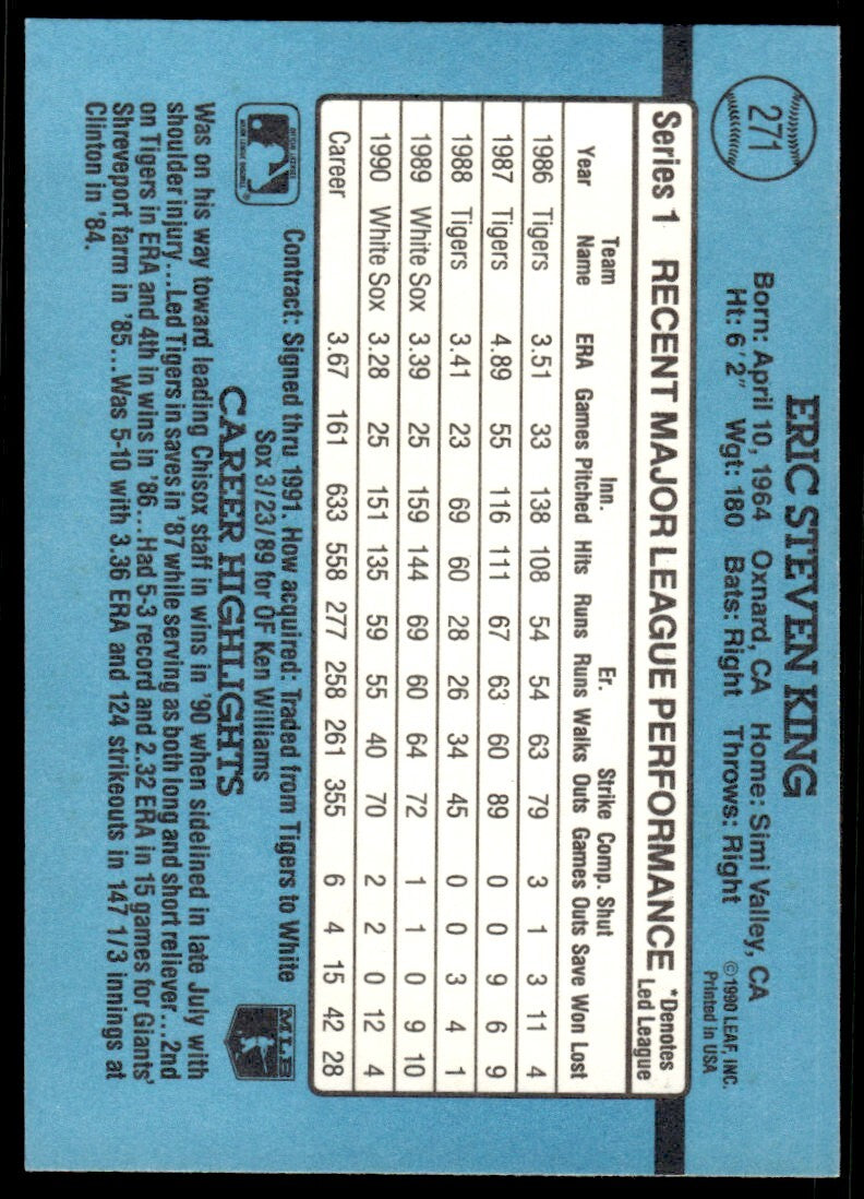 1991 Donruss Baseball Card Eric King Chicago White Sox #271
