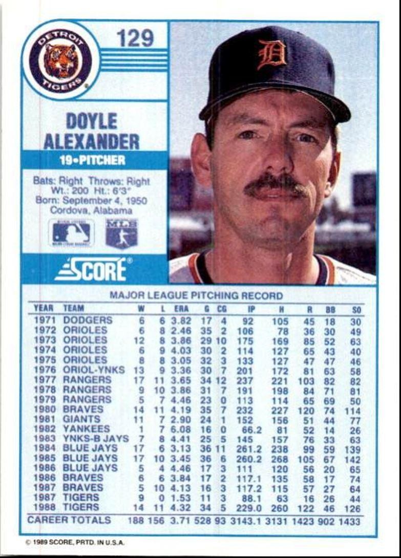 1989 Score Baseball Card Doyle Alexander A Detroit Tigers #129