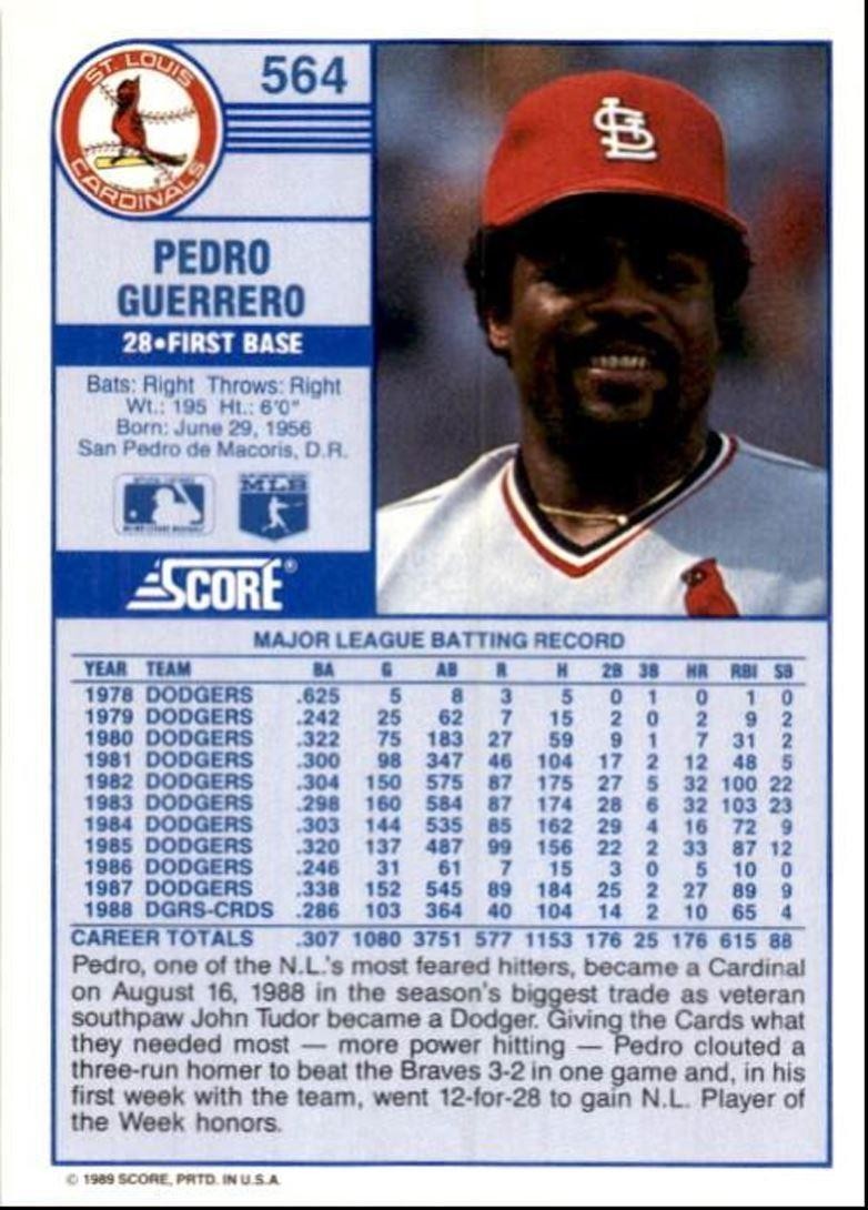 1989 Score Baseball Card Pedro Guerrero St. Louis Cardinals #564