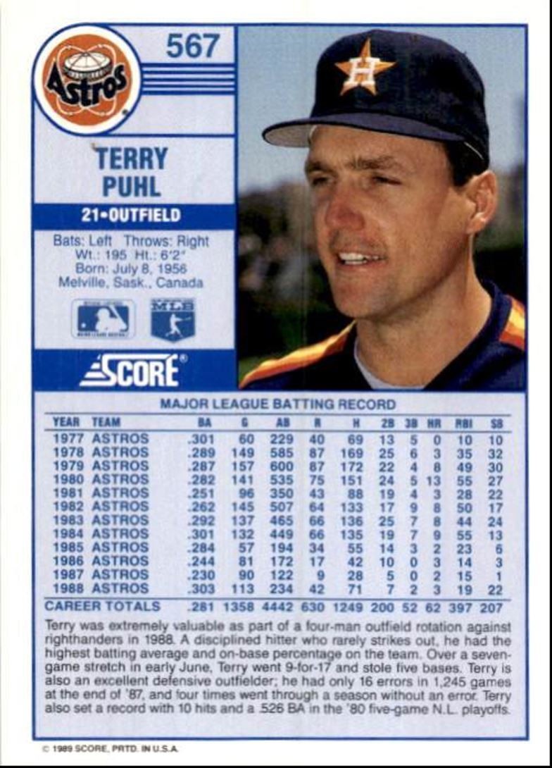 1989 Score Baseball Card Terry Puhl A Houston Astros #567