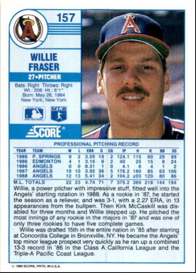 1989 Score Baseball Card Willie Fraser A California Angels #157