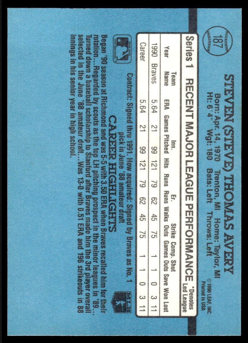 1991 Donruss Baseball Card Steve Avery Atlanta Braves #187