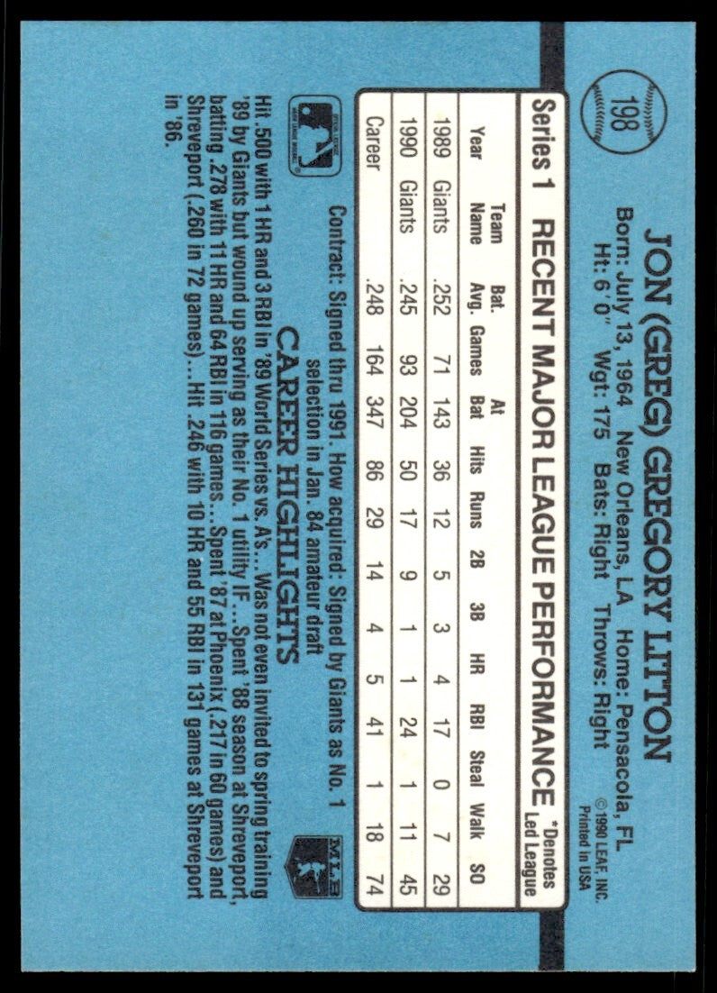 1991 Donruss Baseball Card Greg Litton San Francisco Giants #198