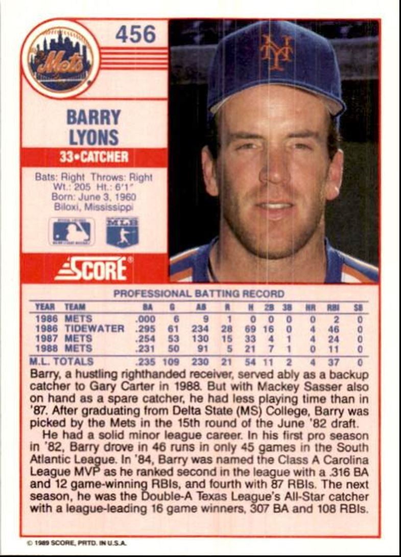 1989 Score Baseball Card Barry Lyons New York Mets #456