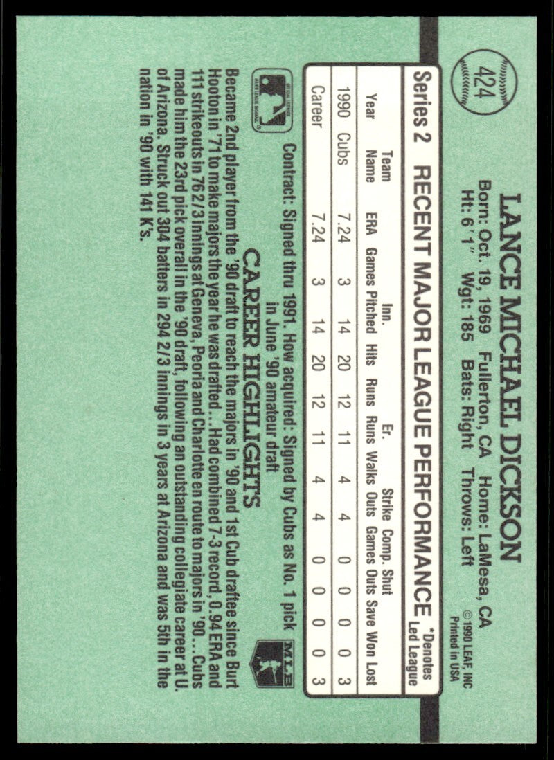 1991 Donruss Baseball Card Lance Dickson Rookie Chicago Cubs #424