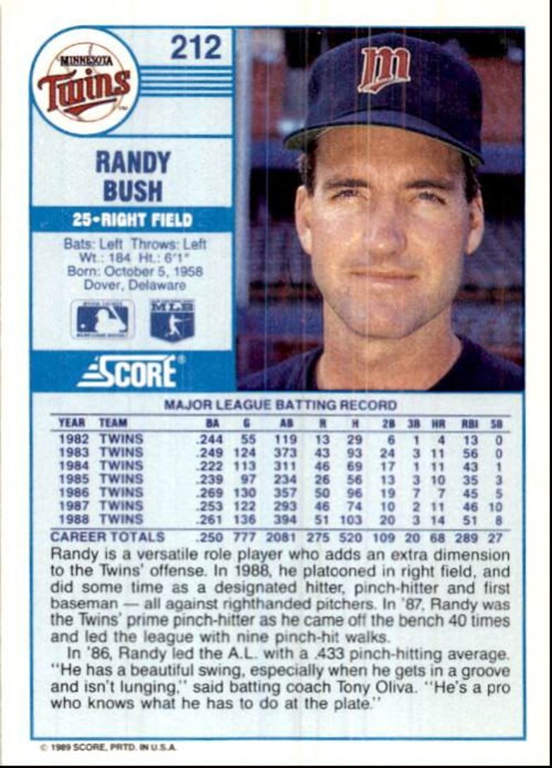 1989 Score Baseball Card Randy Bush Minnesota Twins #212