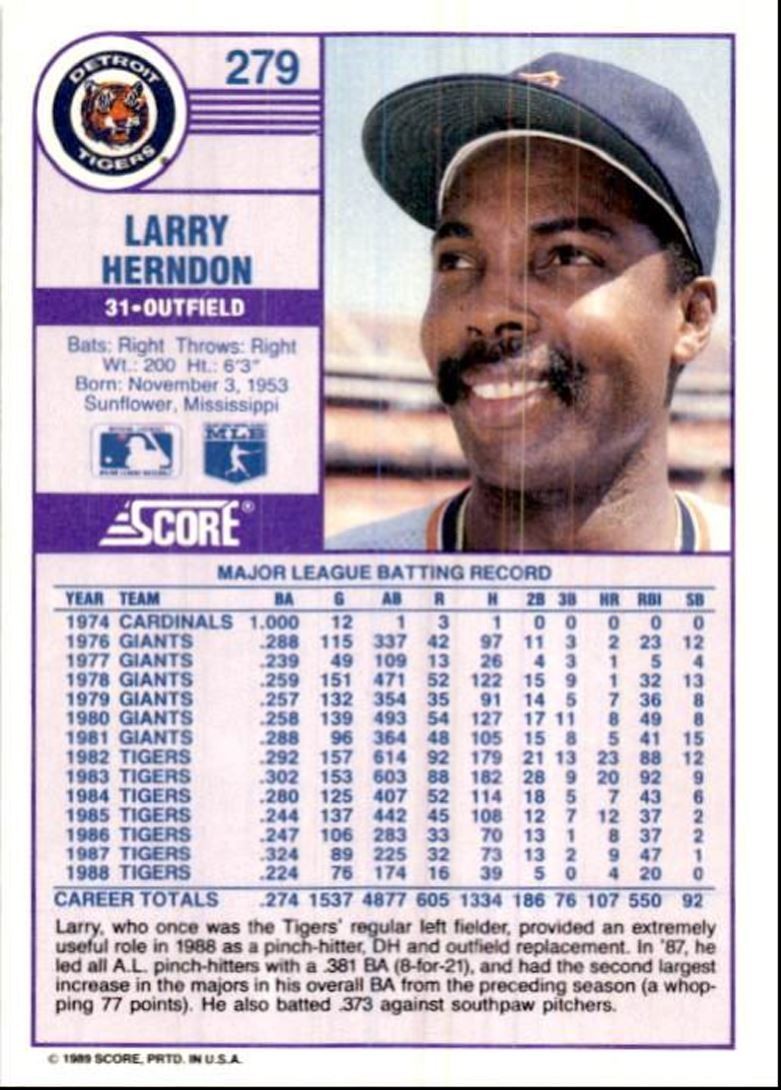 1989 Score Baseball Card Larry Herndon B Detroit Tigers #279