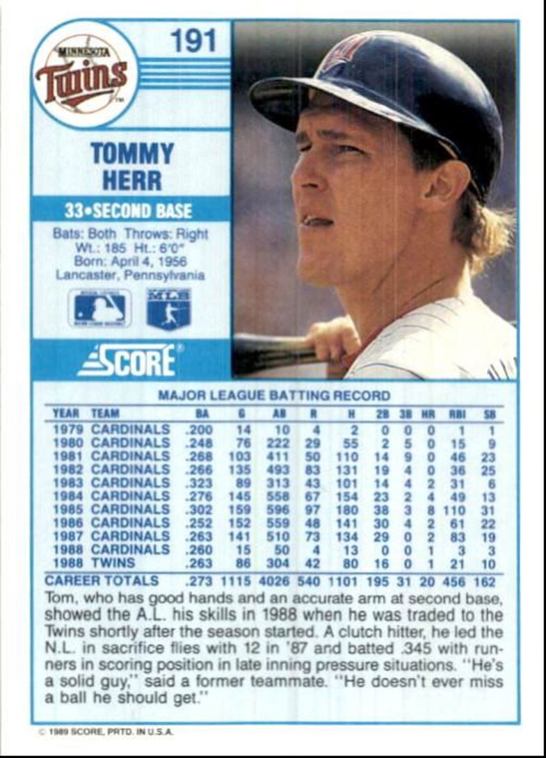 1989 Score Baseball Card Tommy Herr A Minnesota Twins #191