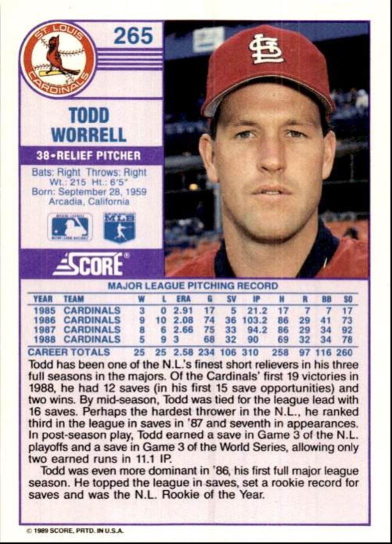 1989 Score Baseball Card Todd Worrell B St. Louis Cardinals #265