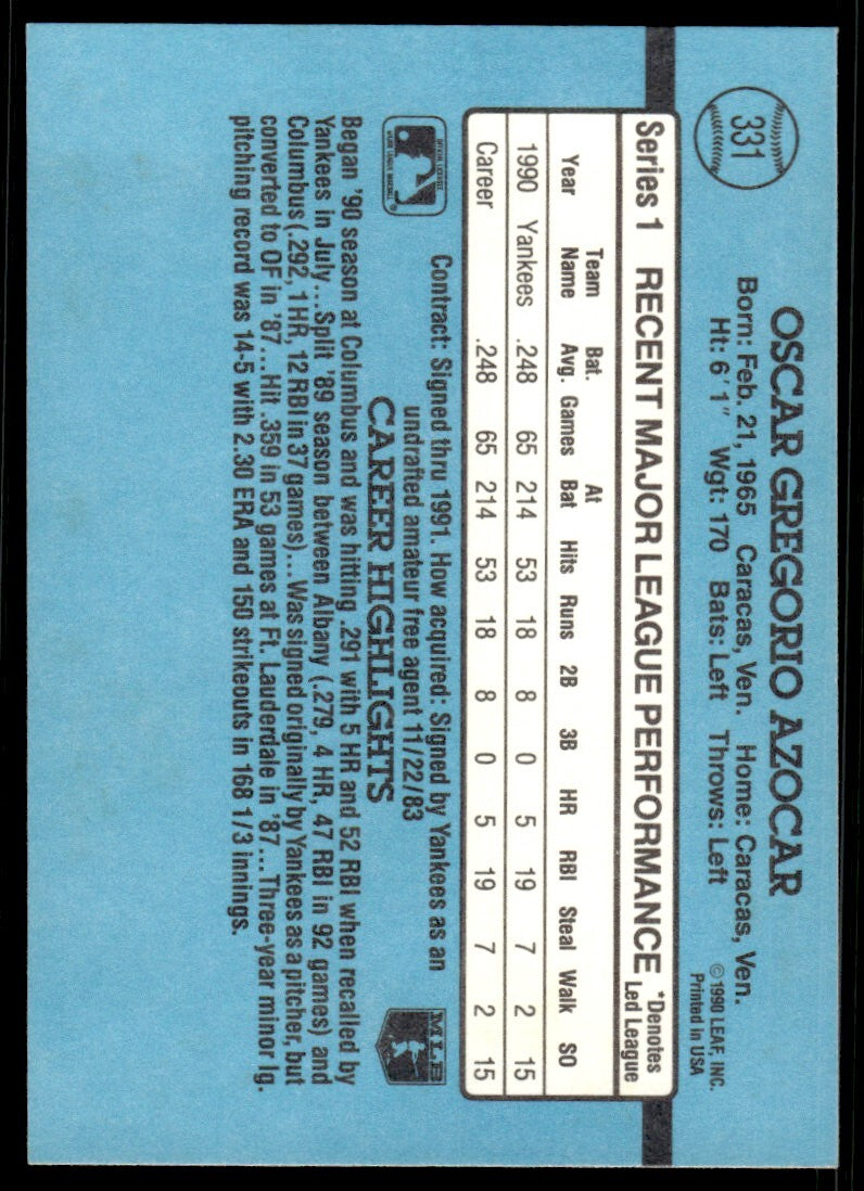 1991 Donruss Baseball Card Oscar Azocar New York Yankees #331