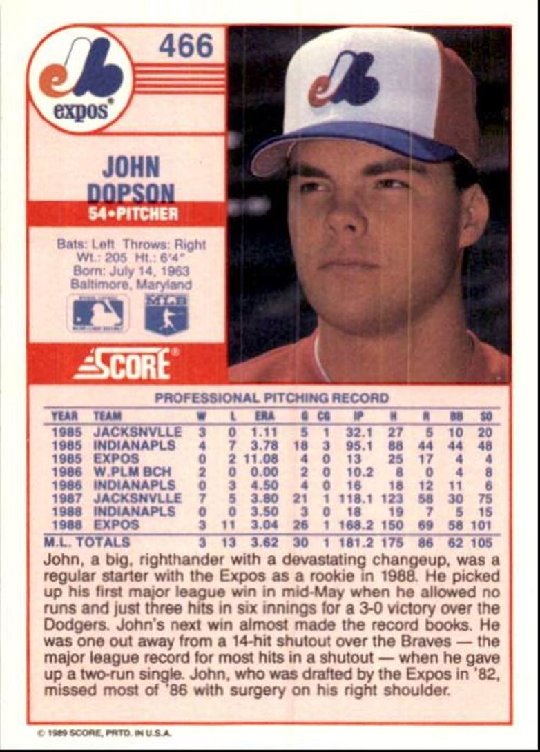 1989 Score Baseball Card John Dopson A Montreal Expos #466