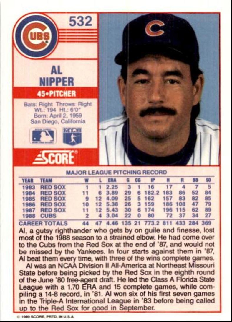 1989 Score Baseball Card Al Nipper B Chicago Cubs #532