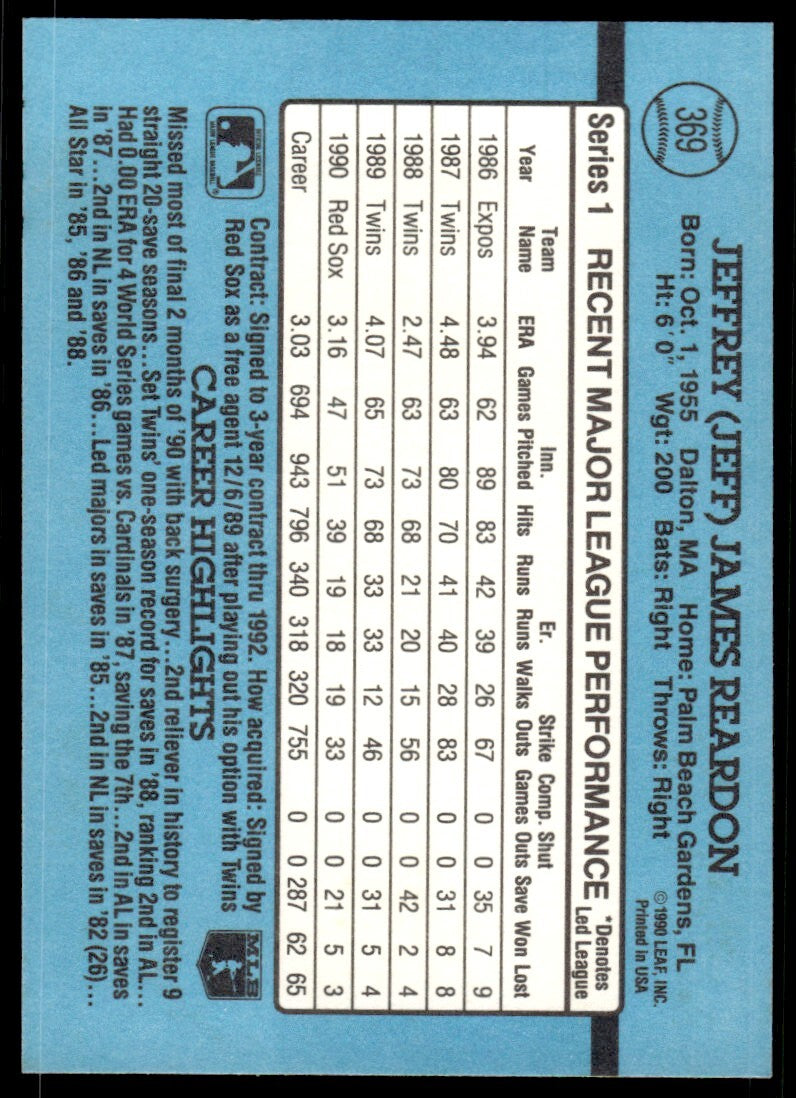 1991 Donruss Baseball Card Jeff Reardon Boston Red Sox #369